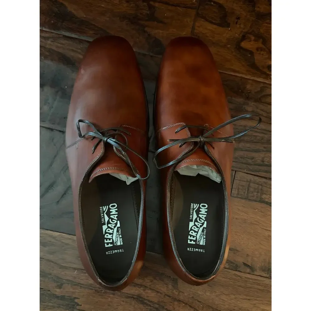 $1,295 Salvatore Ferragamo Napoli Brown Leather Derby Dress Shoes US 9 E NIB